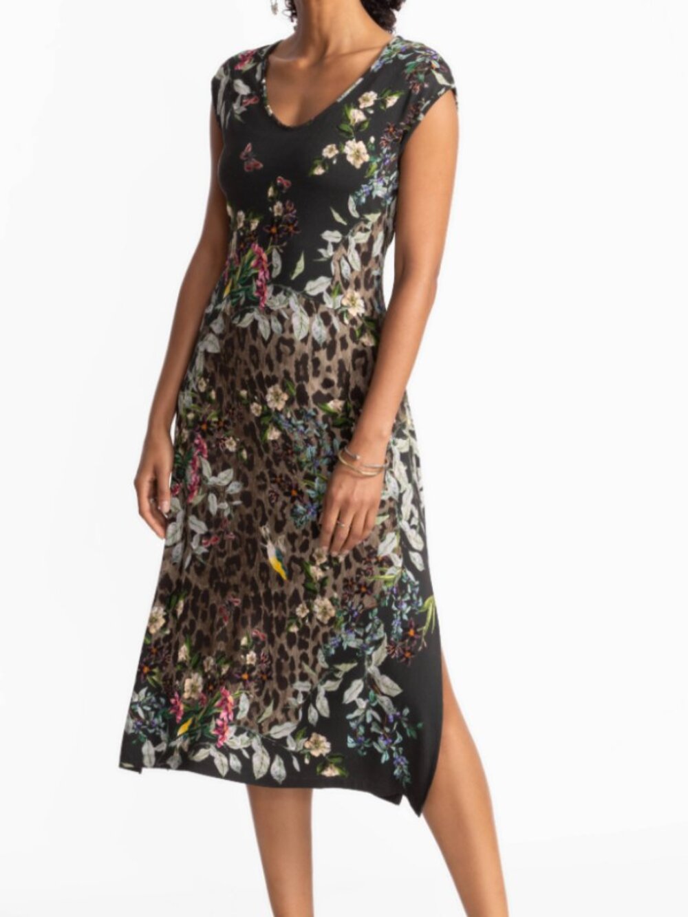 Johnny Was Black Floral & Leopard-Print Midi Dress with Colorful Blooms